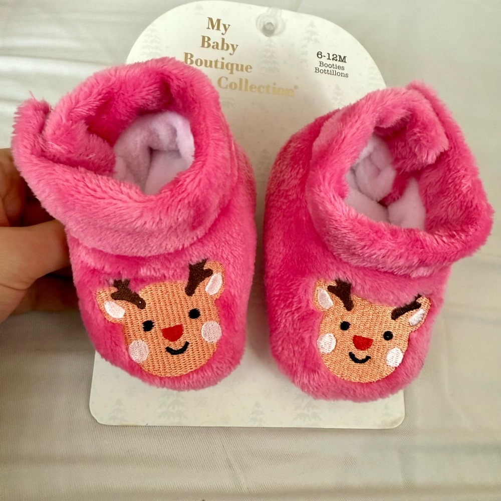 Pink Plush Reindeer Baby Booties